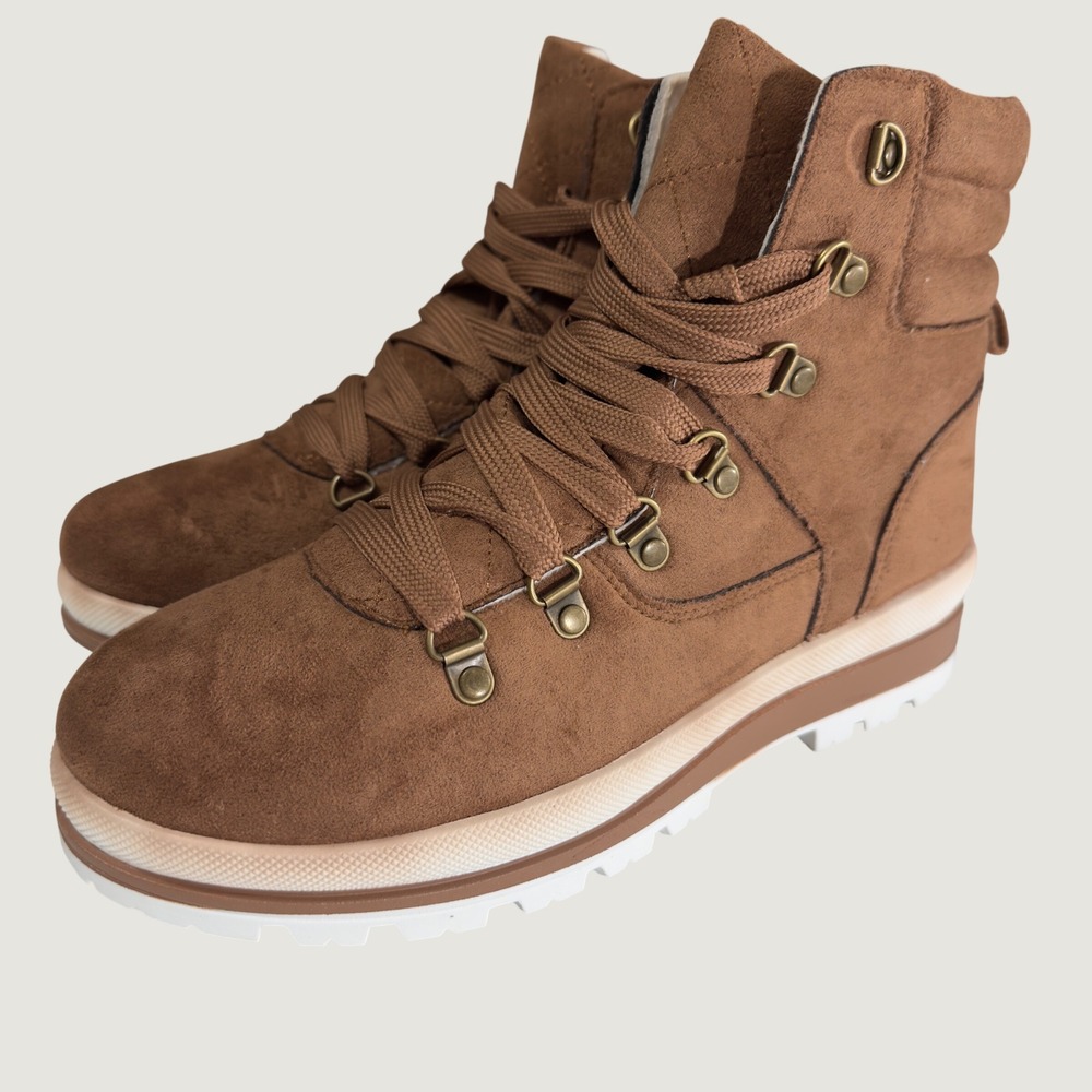 3199 | NEW FTI Fur Lined Hiking Boots Brown Faux Suede Lug Sole Women 9